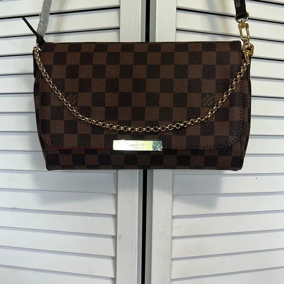 New Brown Checkered Shoulder Crossbody Bag Purse with Gold Chain - Picture 4 of 10